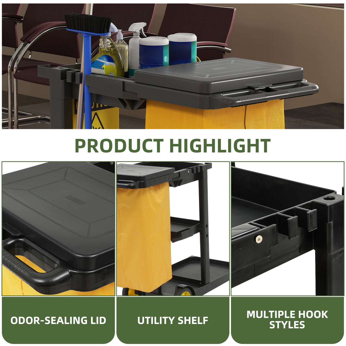Uforic Commercial Janitorial Trolley Cleaning Cart with 25 Gallon Bag and Cover for Housekeeping, Black
