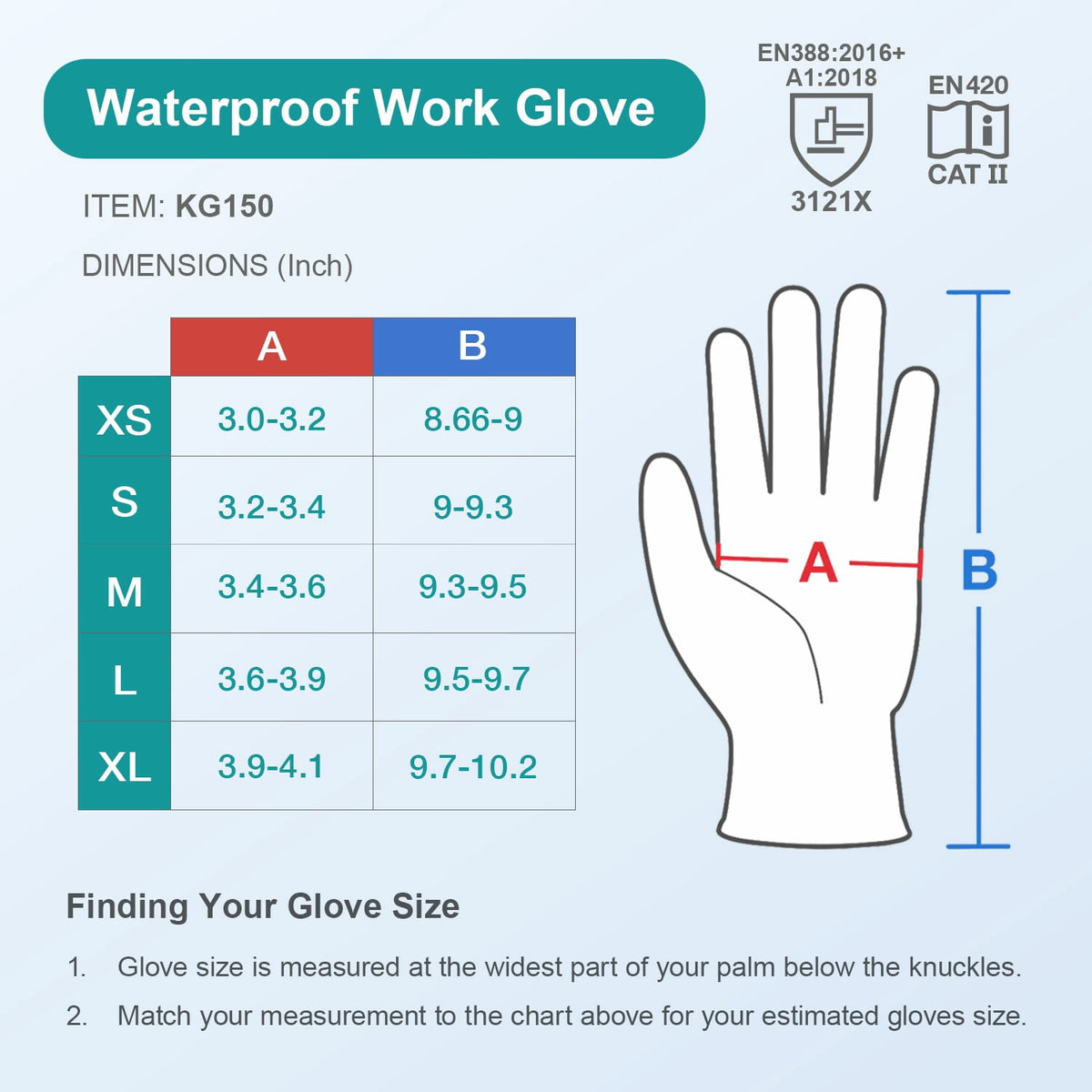 KAYGO Waterproof Work Gloves for Men and Women, Rubber Coated Non-slip Working Gloves for Garden, Outdoor Construction, KG150, Blue, L