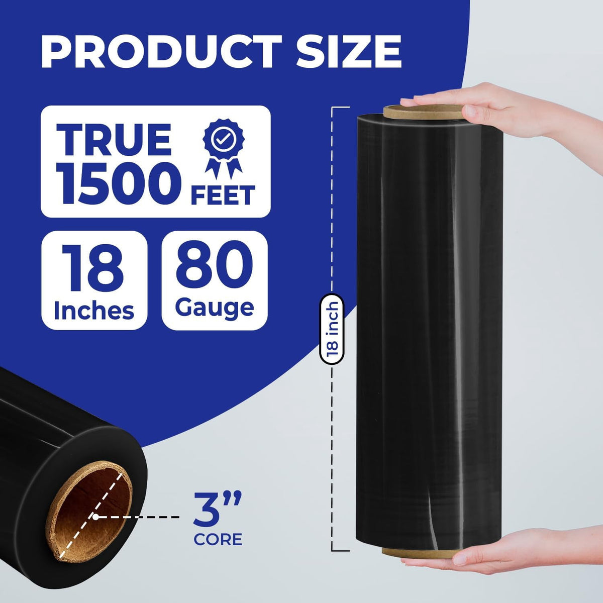 Rosmonde Black Plastic Stretch Wrap Bulk, 200 Rolls, 18 in x 1500 ft, 80 Gauge Thick, 3 in Core, Industrial Shrink Wrap for Warehouse, Moving, Shipping & Secure Packaging