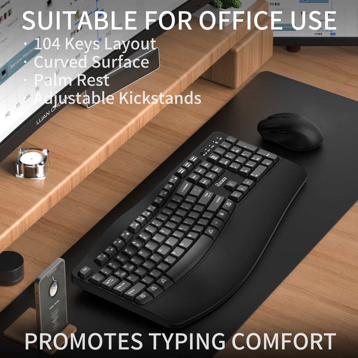 RECCAZR Advanced Combo Wireless Keyboard and Mouse, Wave Keys Ergonomic Keyboard with Wrist Rest and 3-Level DPI Adjustable Wireless Ergonomic Mouse for Windows, Mac OS Desktop/Laptop/PC(Black)