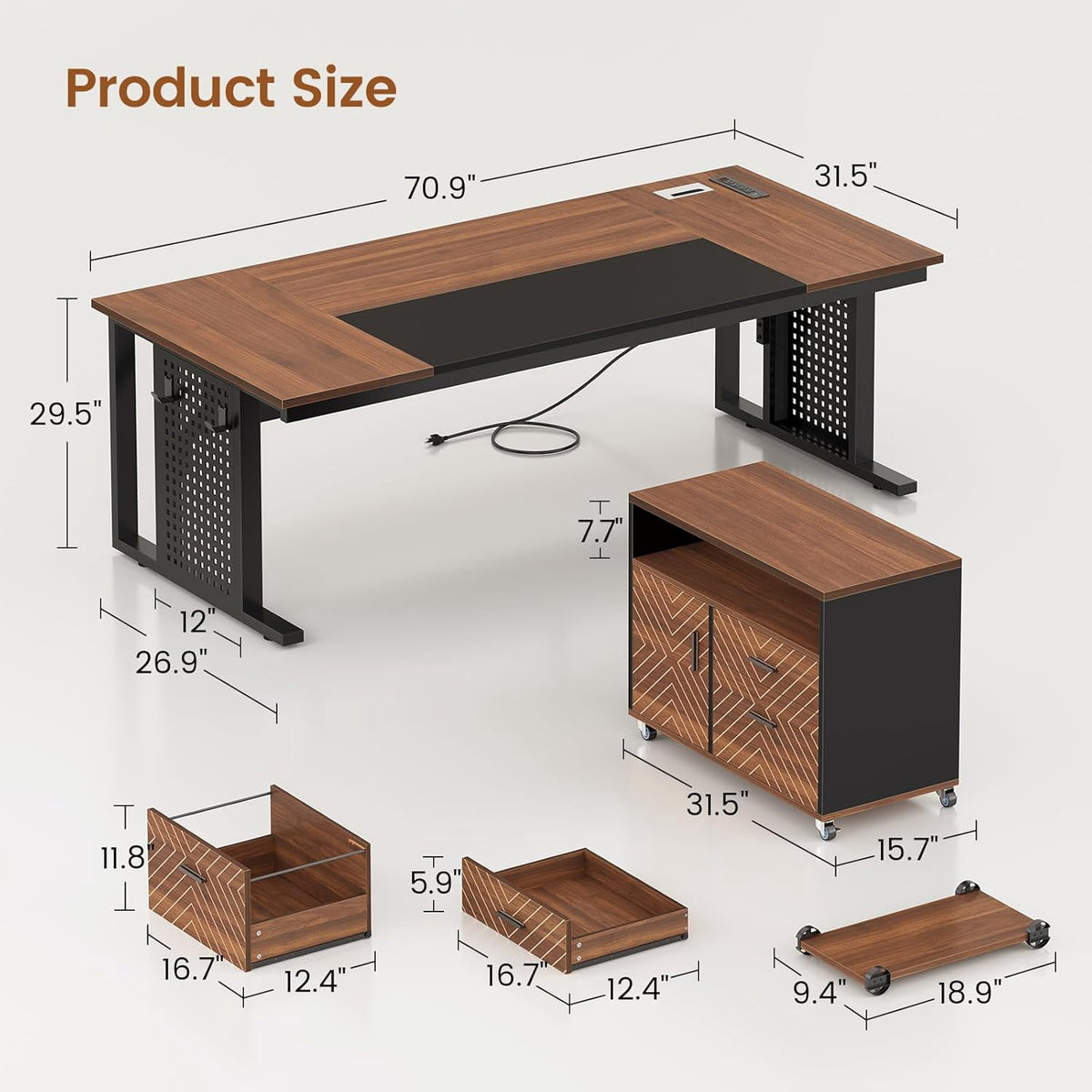 SEDETA 71" Executive Desk with Rolling File Cabinet, Large Office Desk with Drawers, L Shaped Computer Desk with Power Outlets, CPU Stand, Pegboard and Storage Shelves, Walnut