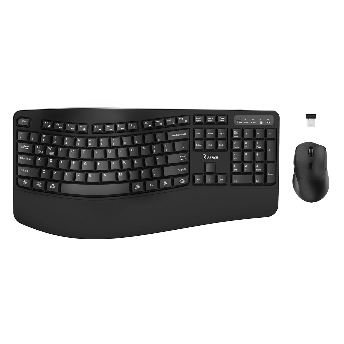 RECCAZR Advanced Combo Wireless Keyboard and Mouse, Wave Keys Ergonomic Keyboard with Wrist Rest and 3-Level DPI Adjustable Wireless Ergonomic Mouse for Windows, Mac OS Desktop/Laptop/PC(Black)