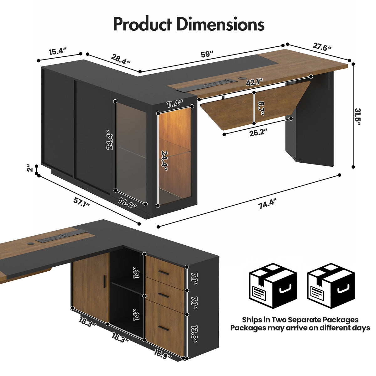 Advwin Modern 74.4" L-Shaped Executive Desk with Display Cabinet & Power Outlet, Large Luxury Office Desk Corner Workstation with File Drawer & LED Light, Black+Brown