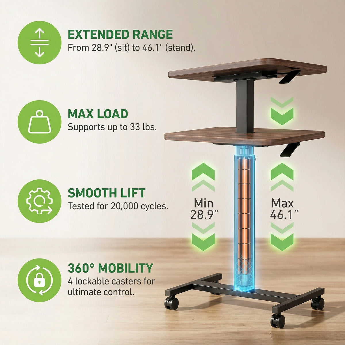 CHITOOMA Mobile Standing Desk, Height Adjustable Computer Escritorios Rolling Desk with 4 Lockable Wheels for Home Office, Walnut