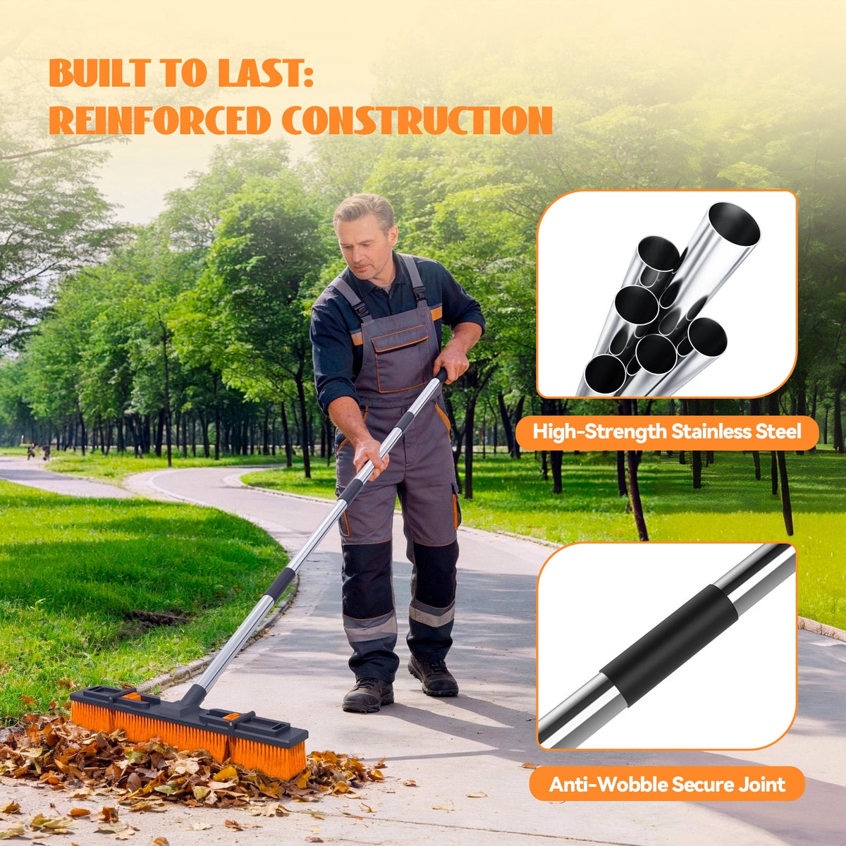 Nicecastle Push Broom Brush for Floor Cleaning with 60” Long Handle and Stiff Bristles,Adjustable brush head length, Heavy Duty Broom for Courtyard Garage,shop,outdoor broom(Orange)