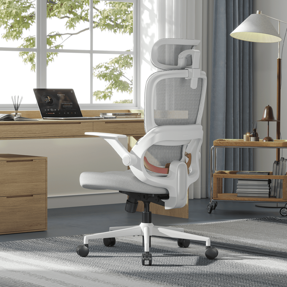 SIHOO B100 Se Office Chair, Deak Chairs with Cotton Seat & Dual-Back, 2D Headrest & Flip-up Armrest, Comfort Mesh Ergonomic Chair for Home Office, Teen, 300lbs, Light Gray