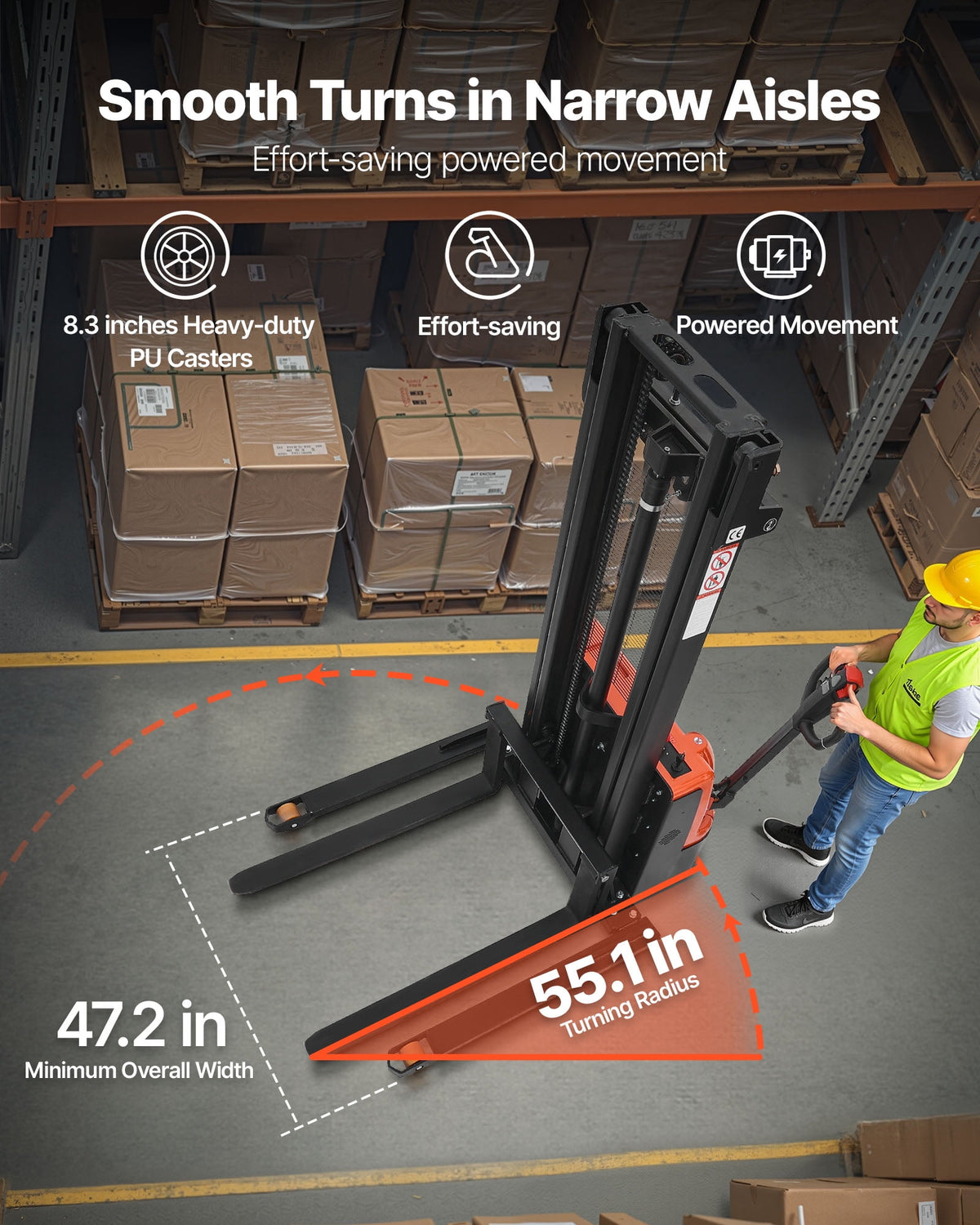 VEVOR Full Electric Pallet Stacker, 3300 lbs Capacity, Pallet Lift Stacker Forklift with Straddle Legs & Forks, 127.6 Inches Lifting Height & 8.66-31.1 Inches Adjustable Fork Width, Orange & Black