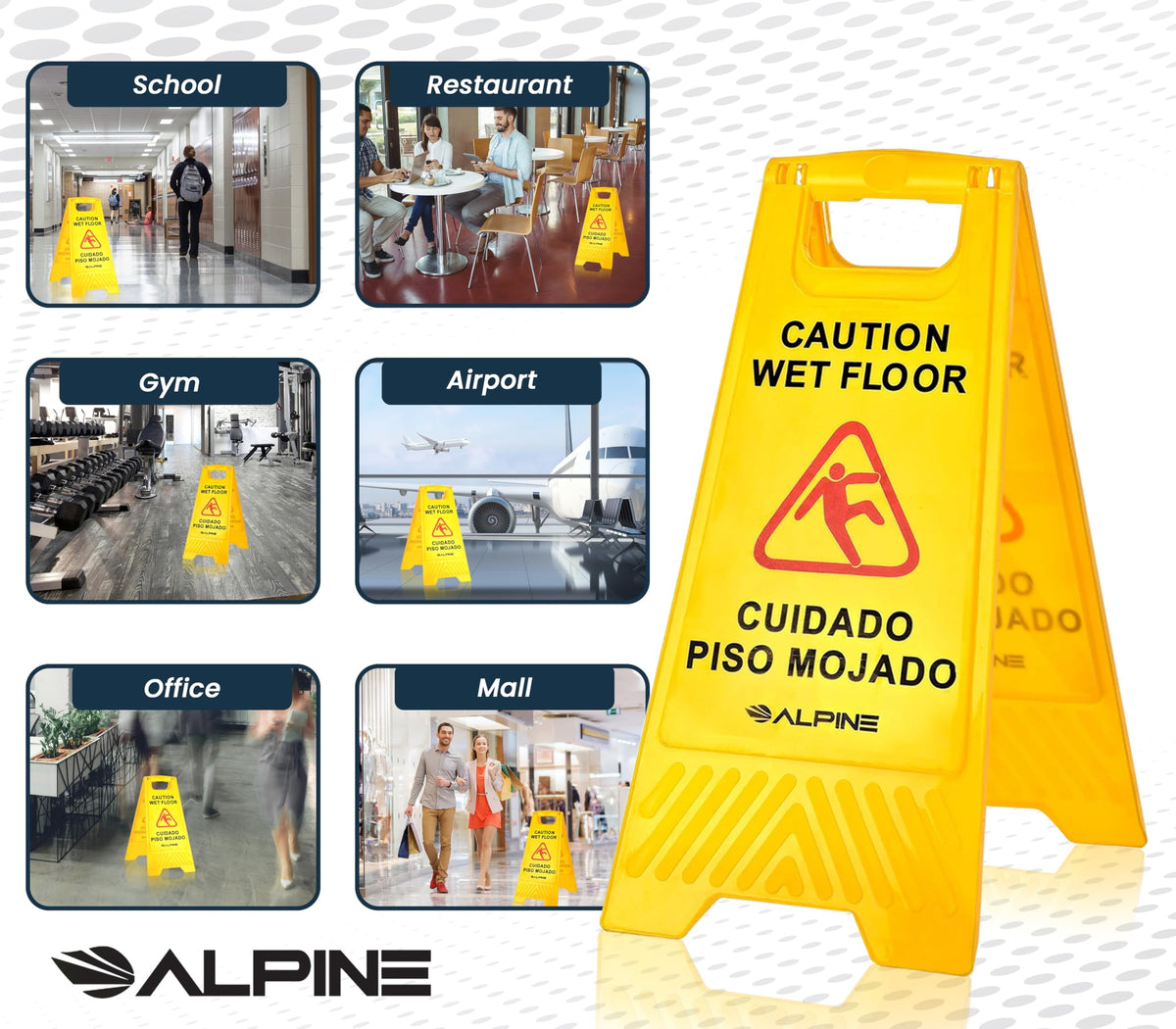 Alpine Wet Floor Signs 3 Pack - 24 Inch Caution Wet Floor Sign - Bilingual Safety Warning Sign to Easily Avoid Slippery Accidents in High Traffic Areas