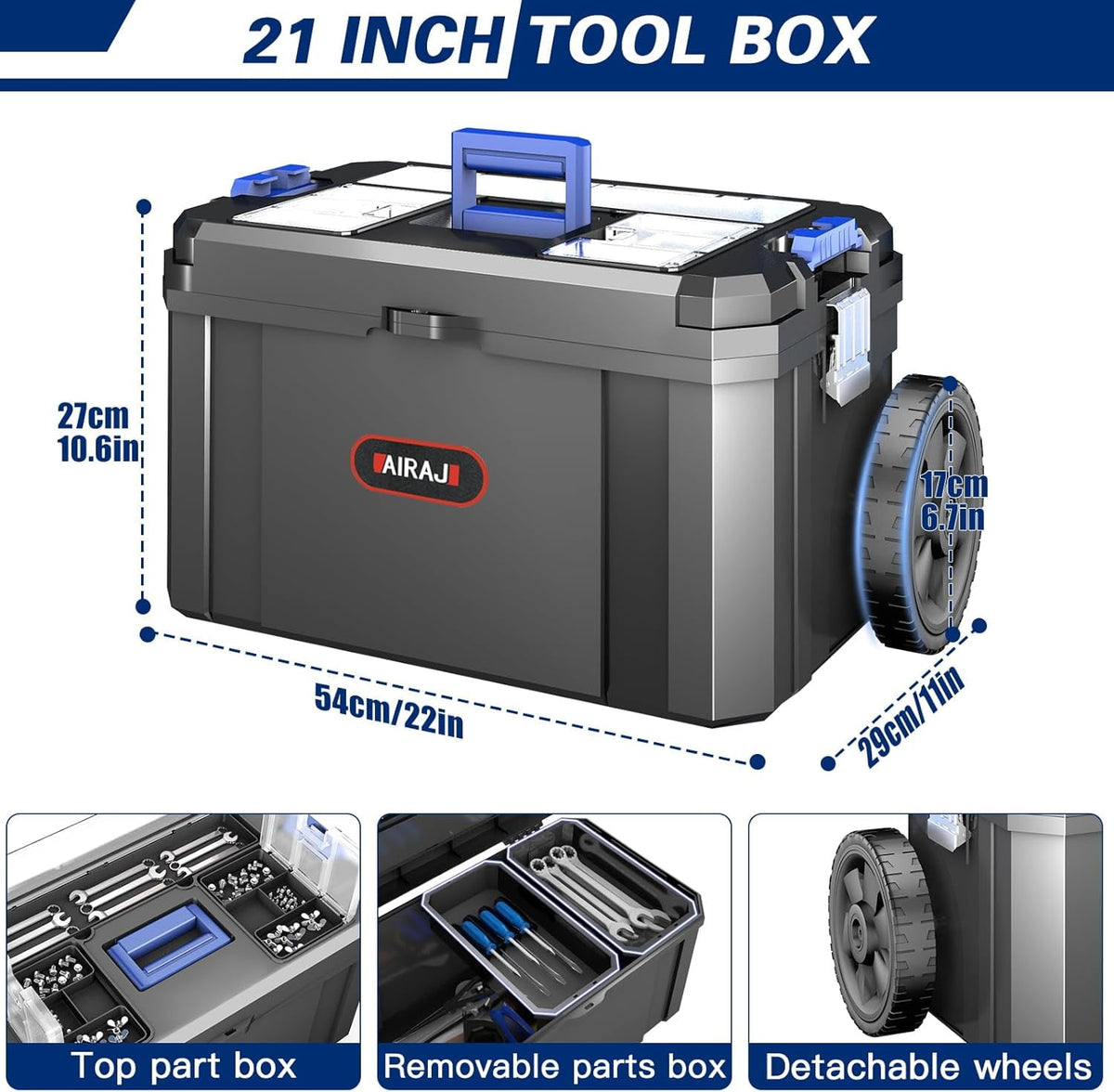 3 IN 1 Rolling Tool Box With Wheels,Stackable Modular Tool Storage Organizer & Removable Small Parts Trays for Garage Workshop Home Storage (17"+19"+21")