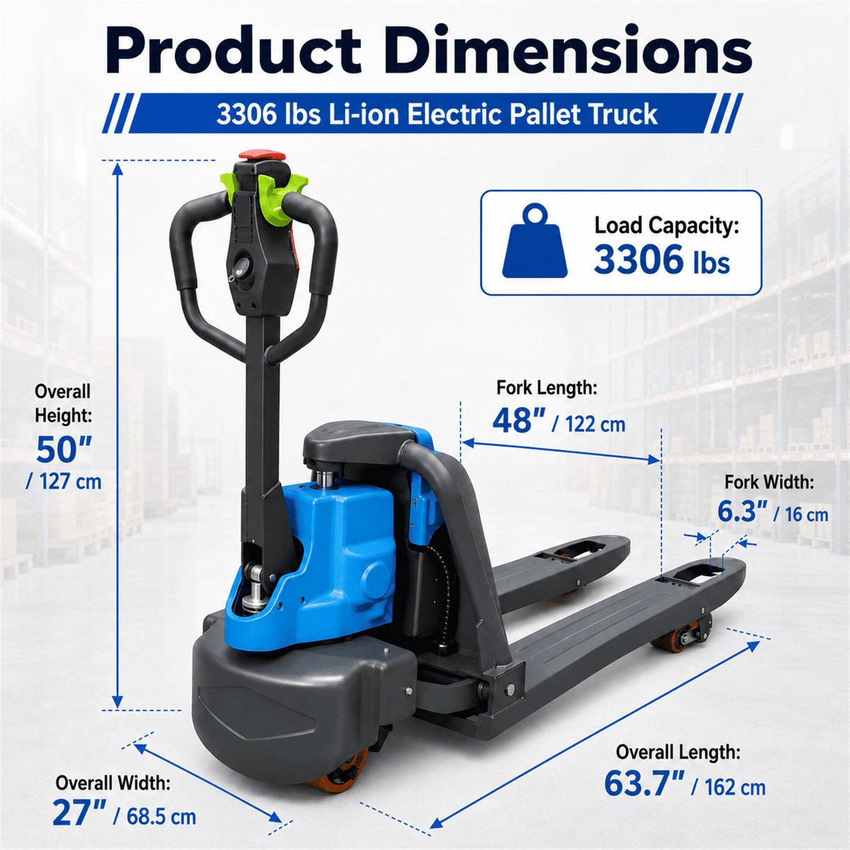 HPDMC Li-Ion Electric Pallet Truck, 3306 lbs Capacity Electric Pallet Jack with 48" Forks, Ergonomic Control Handle, PU Load Wheels, Easy-Access Charging Port for Warehouse Use