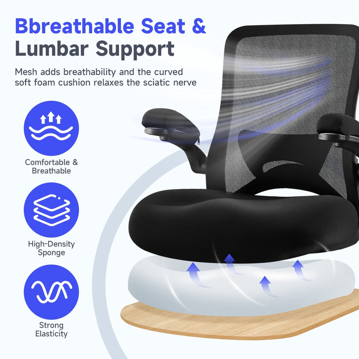 JONPONY 500lbs Big and Tall Office Chair with W-Shape Thicken Cushion, Ergonomic Office Chair with Flip-up Armrests, Breathable High Back Office Chair, Extra Wide Seat, Padded Armrests, Black