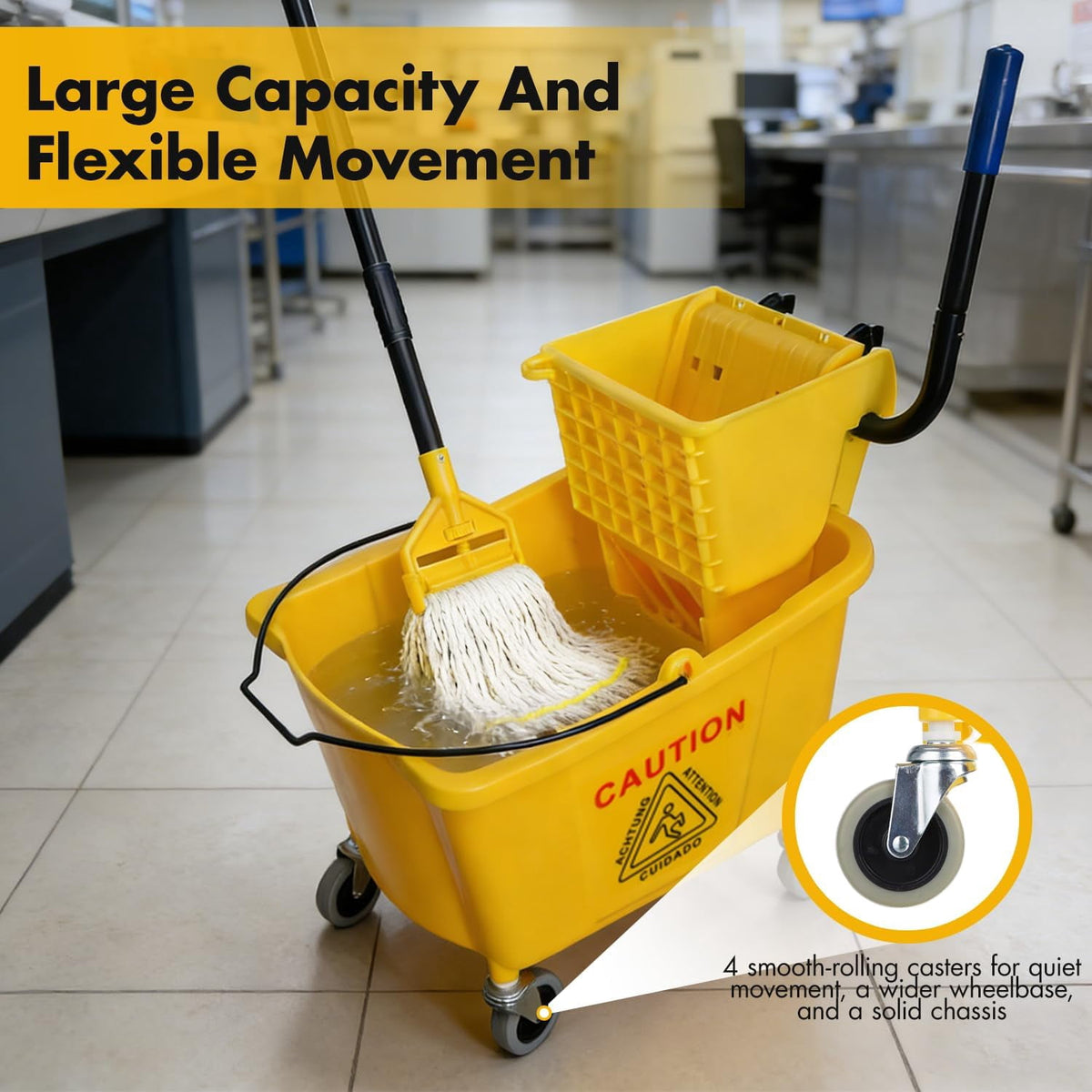 KYascend Commercial Mop Bucket System, Side Press Wringer, 38Qt Yellow, Mobile with Wheels, Complete with 2 Mop Heads