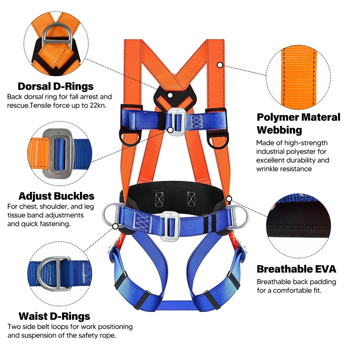 Vonlx Industrial Fall Protection Harness with Shock Absorbing Lanyard, Comfort Pad, and D-Ring, Blue, 1 Piece