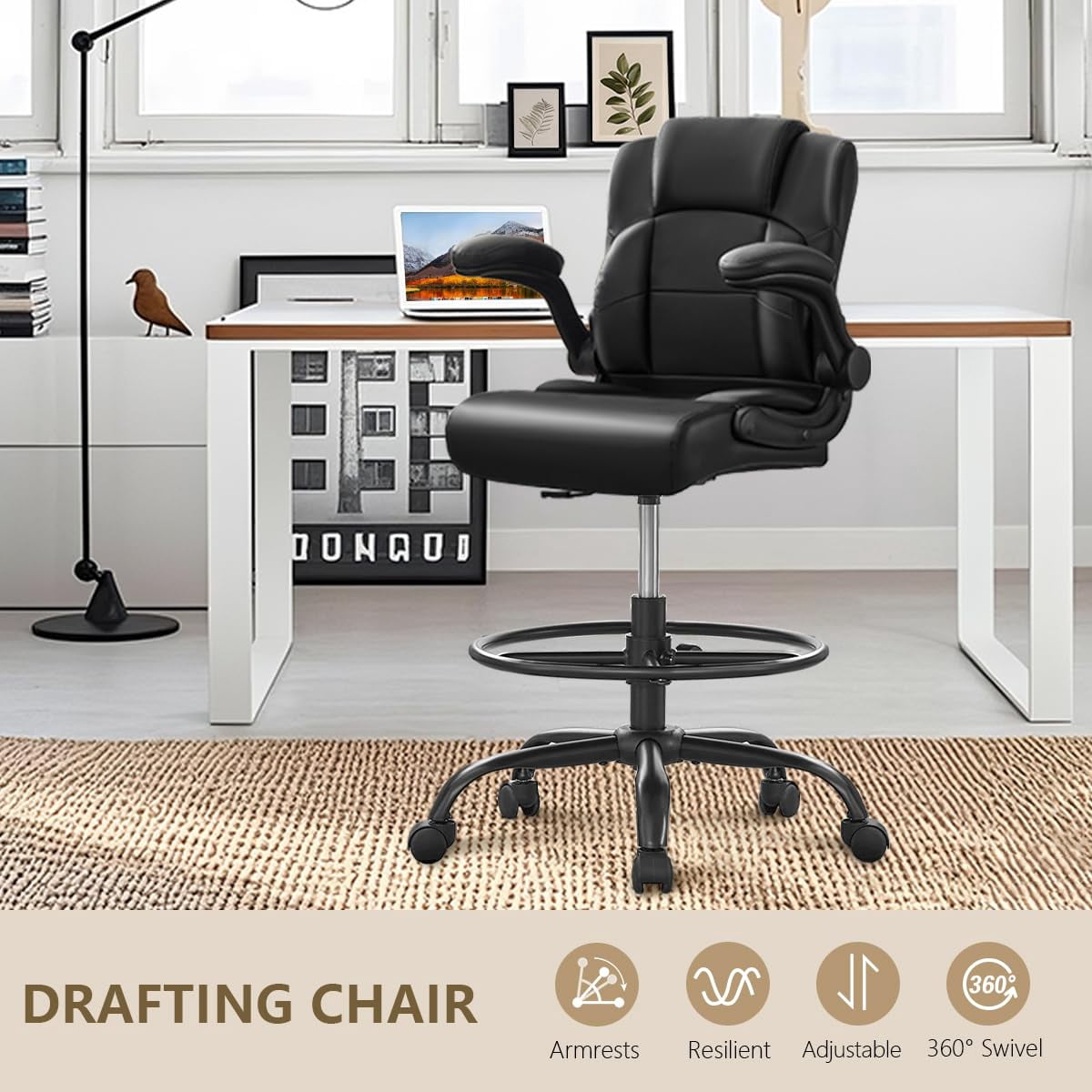 Fantasylab Tall Office Chair for Standing Desk, High Executive Leather Ergonomic Computer Chair with Adjustable Height and Flip-Up Armrest for Counter Height Desk, Black