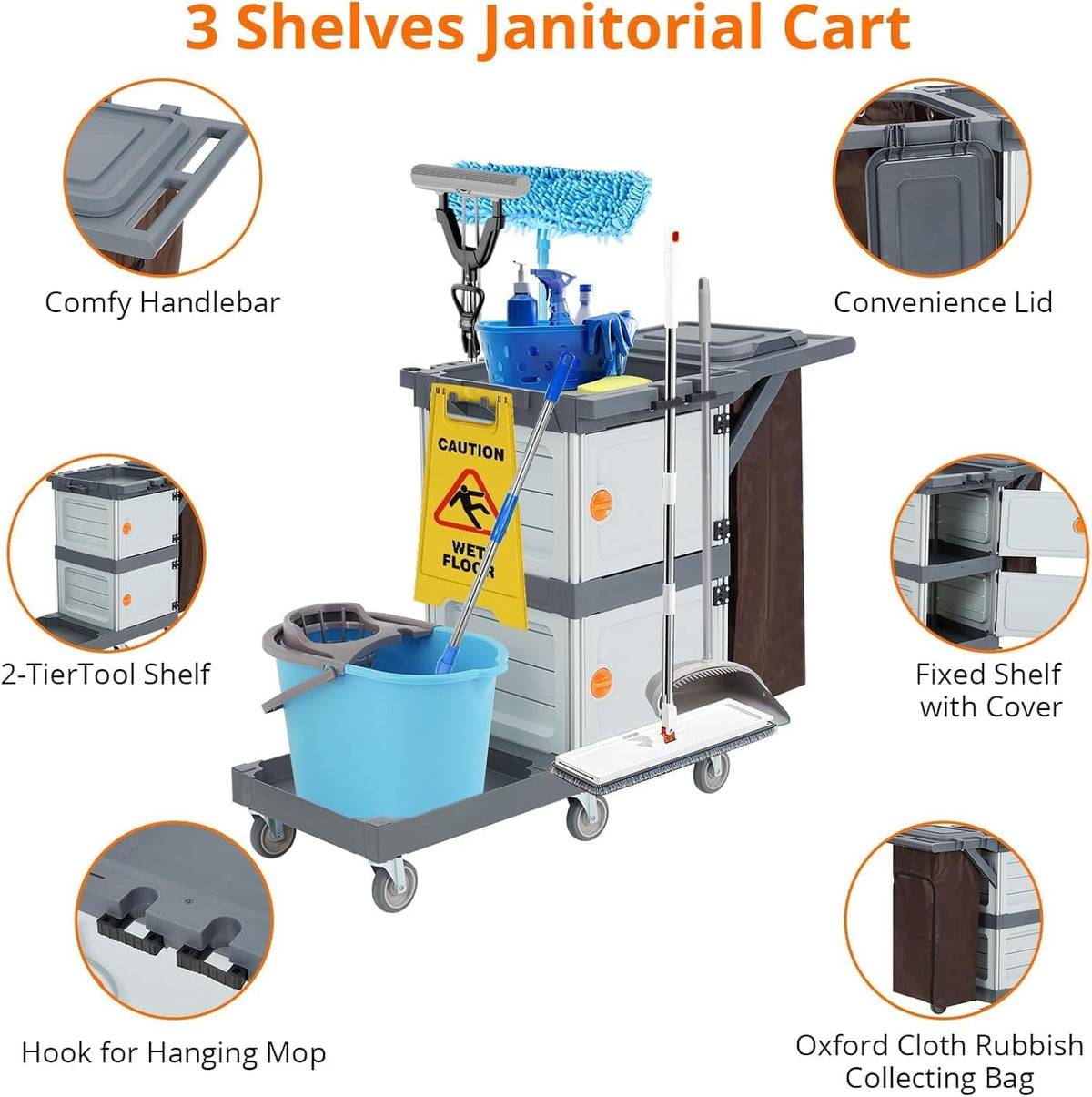 IdeaHouse Janitorial Cart with 2 Cabinets, 3-Shelf Commercial Cleaning Cart on Wheels with Cover & Vinyl Bag, Silent Casters, Heavy-Duty Housekeeping & Custodial Utility Cart