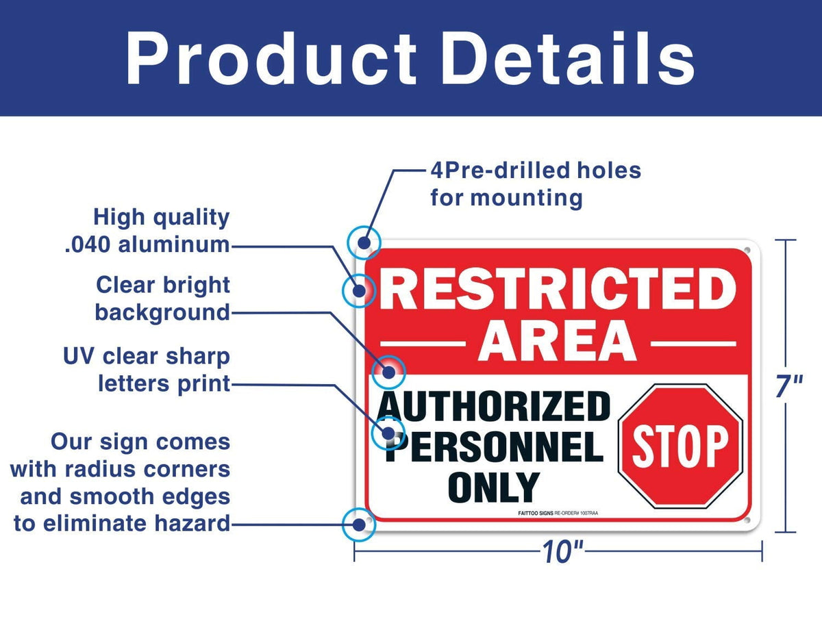 (4 pack) Restricted Area Sign Authorized Personnel Only, Do Not Enter Sign, 10 x 7 Inches .40 Rust Free Aluminum, UV Protected, Weather Resistant, Waterproof, Durable Ink，Easy To Mount