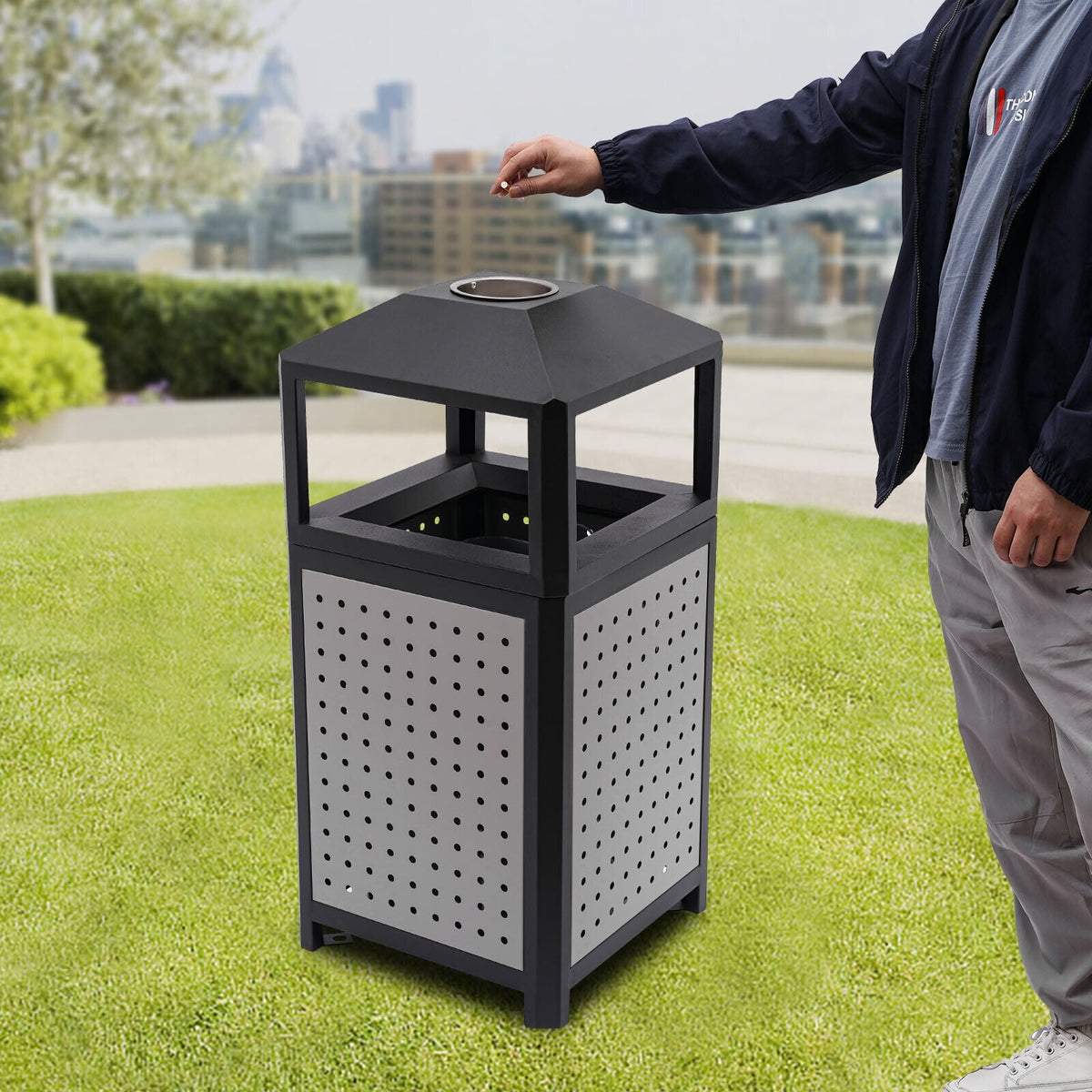 Industrial 15 Gallon Trash Can, Commercial Outdoor Waste Container Galvanized Steel Garbage Can for Indoor Outdoor Use, Grey Trash Receptacle Garbage Enclosure with Ashtray for Kitchen