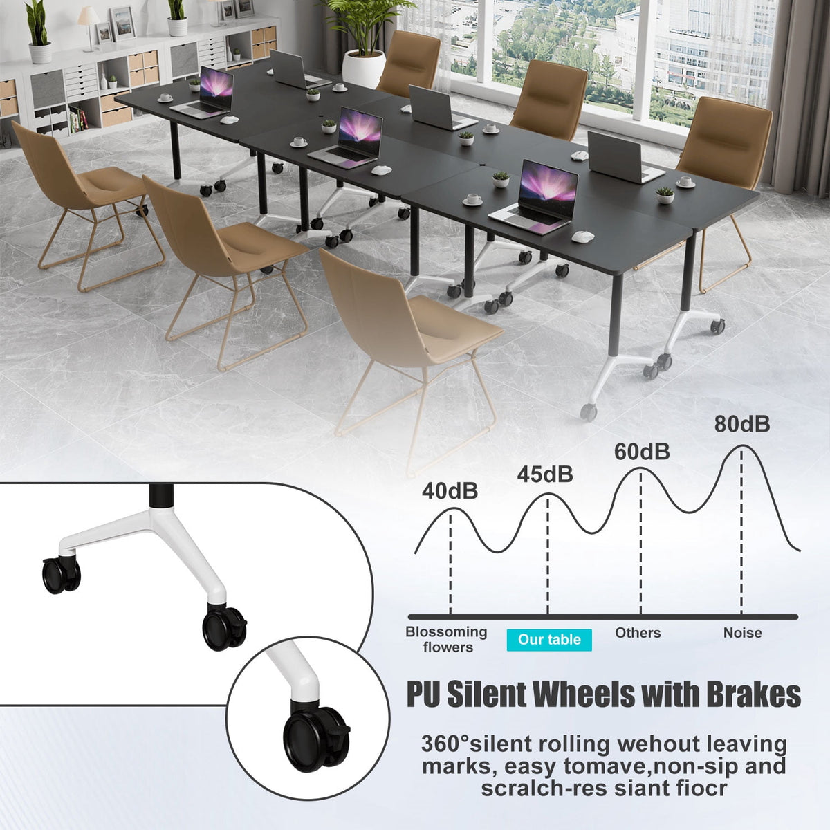 Folding Conference Table with Wheels, Modular Flip Top Meeting Desk, Commercial Training Table for Office Classroom(8,Black 2,61" D X 19.6" W X 29.5" H)