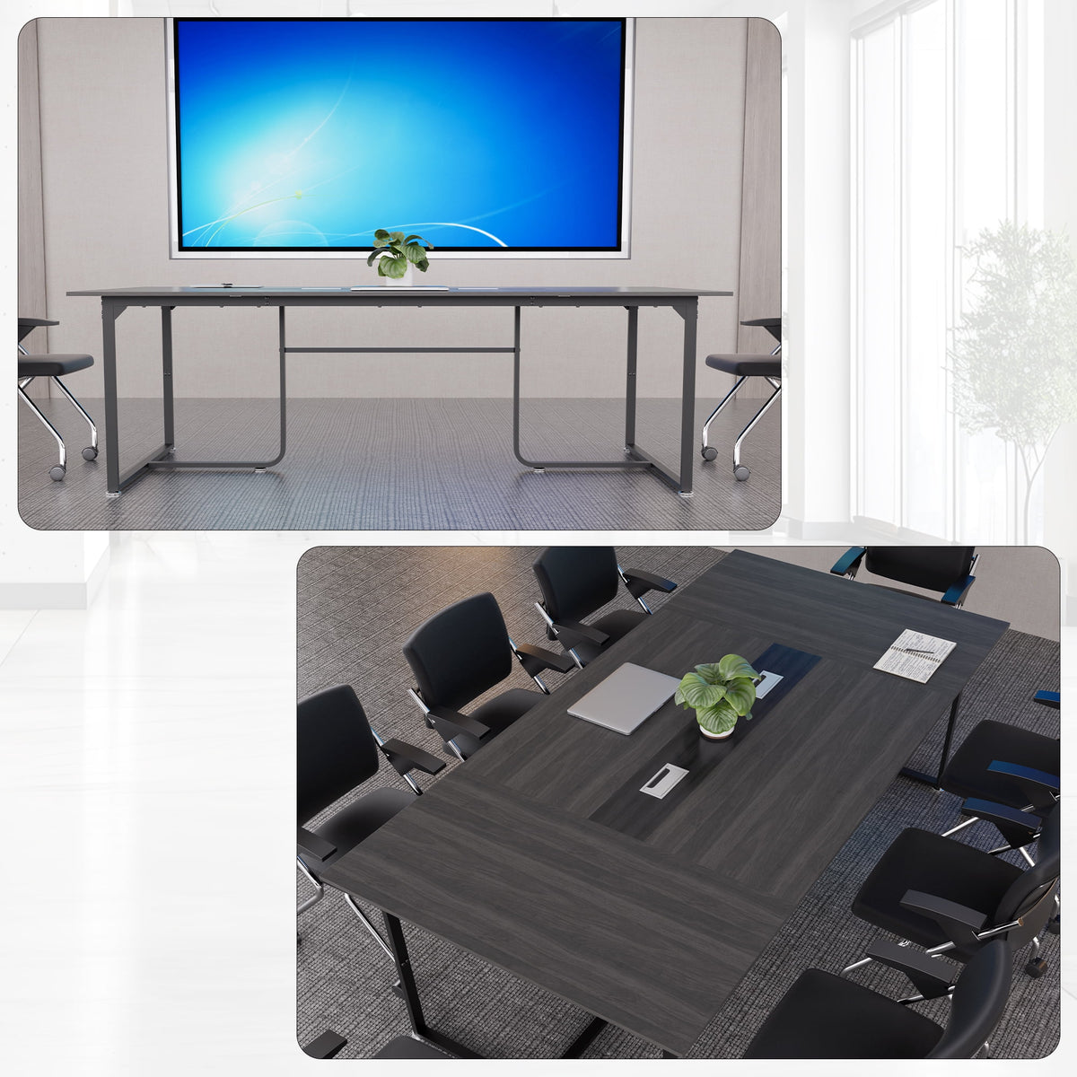 Haooyeah Conference Table 94.4" x 47.2", Large Meeting Desk, Flip-Top Cable Management Box, Double Reinforced Frame, Triangular Support Base, Adjustable Foot Pads, Gray