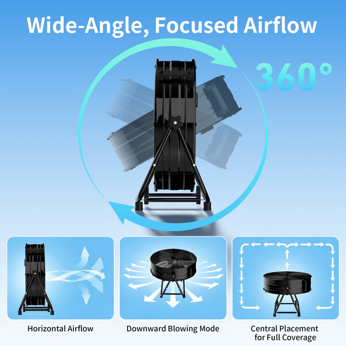 Industrial Drum Fan 24", High Velocity, 5650 CFM, 3-Speed, Heavy Duty Metal Fan for Commercial, Factory(Black)