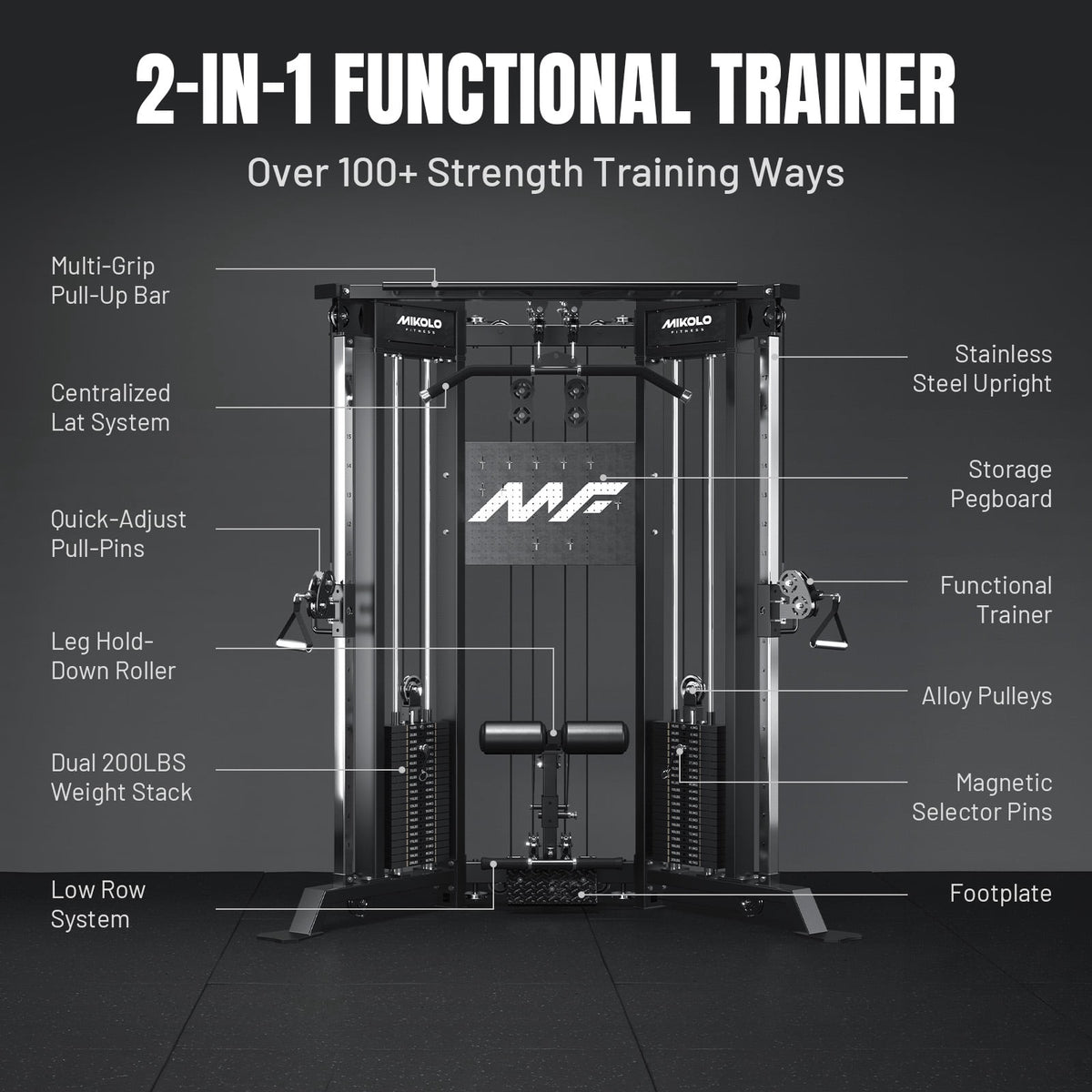 Mikolo Functional Trainer with 400lbs Weight Stack, Cable Crossover Machine with Independent Double Pulley System, 2000lbs Multi-Functional Chest Fly Machine, Lat Pulldown Machine Home Gym with Bench