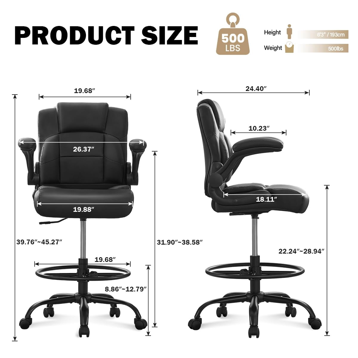 Fantasylab Tall Office Chair for Standing Desk, High Executive Leather Ergonomic Computer Chair with Adjustable Height and Flip-Up Armrest for Counter Height Desk, Black