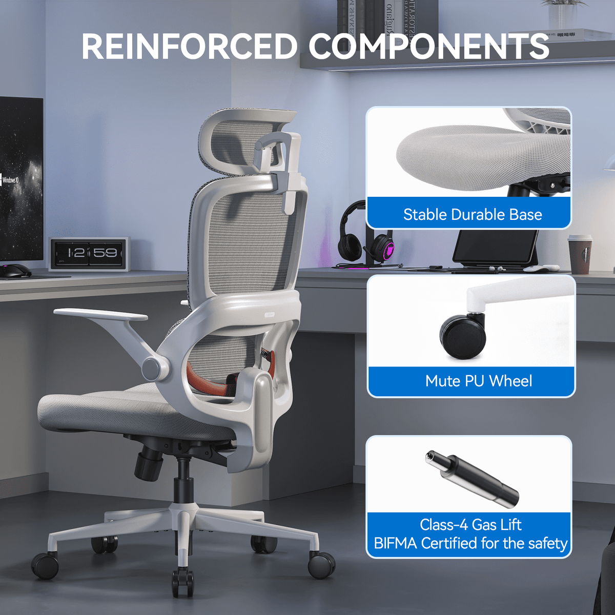 SIHOO B100 Se Office Chair, Deak Chairs with Cotton Seat & Dual-Back, 2D Headrest & Flip-up Armrest, Comfort Mesh Ergonomic Chair for Home Office, Teen, 300lbs, Light Gray