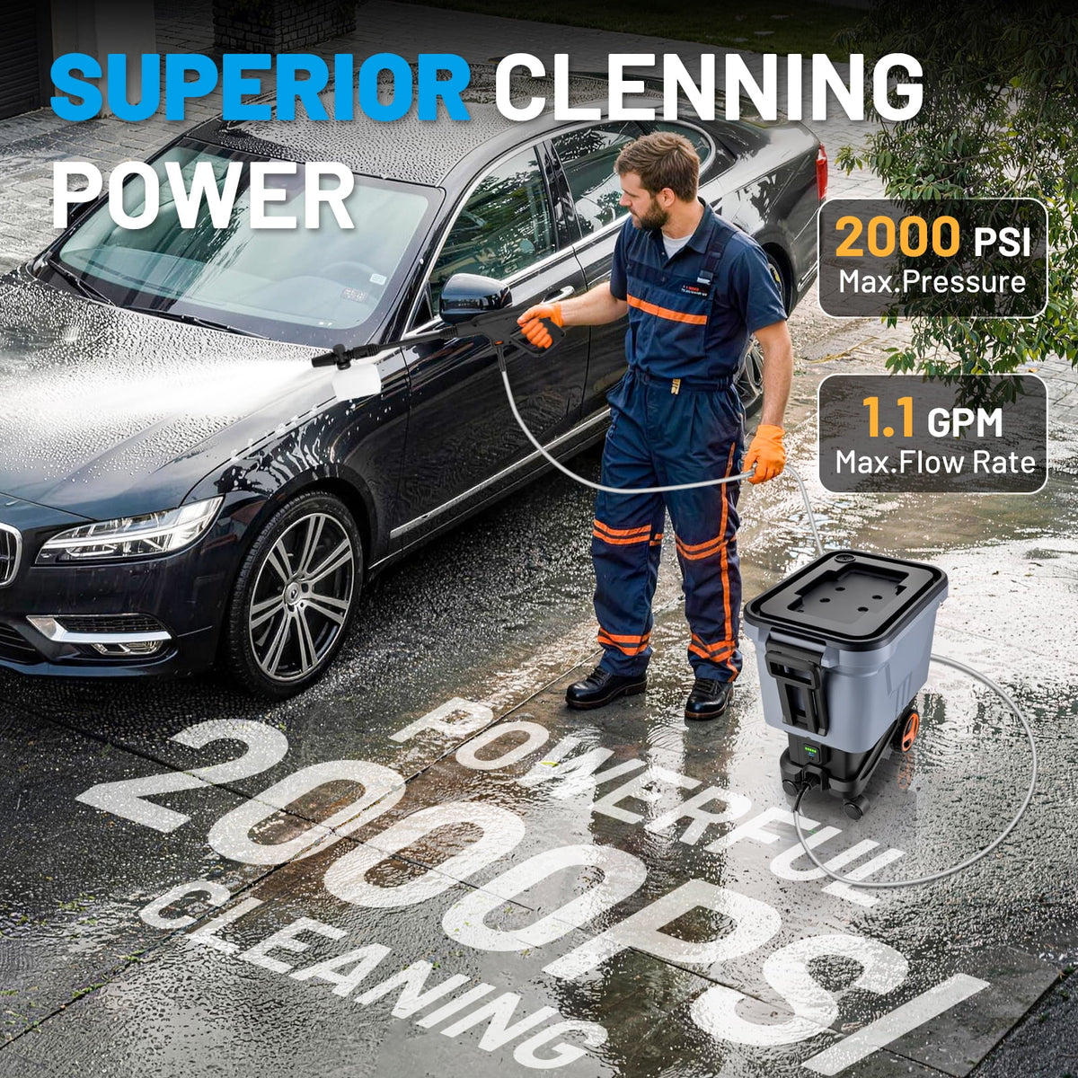 SPBTAR Electric High Pressure Washer, 2000PSI Cordless Pressure Washer with 3 Modes of Water Supply, 0°-180° Swivel Joint, 7.2 Gallon Tank & Wheels for Car/Fences/Driveway/Home/Patio Cleaning