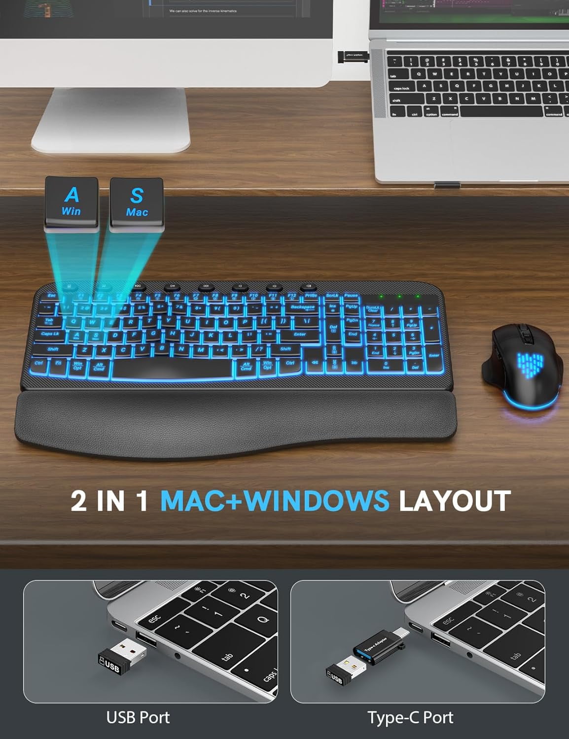 Wireless Keyboard and Mouse Combo - Ergonomic Wave Rechargeable Keyboard with Soft Leather Wrist Rest, RGB Backlit -Black