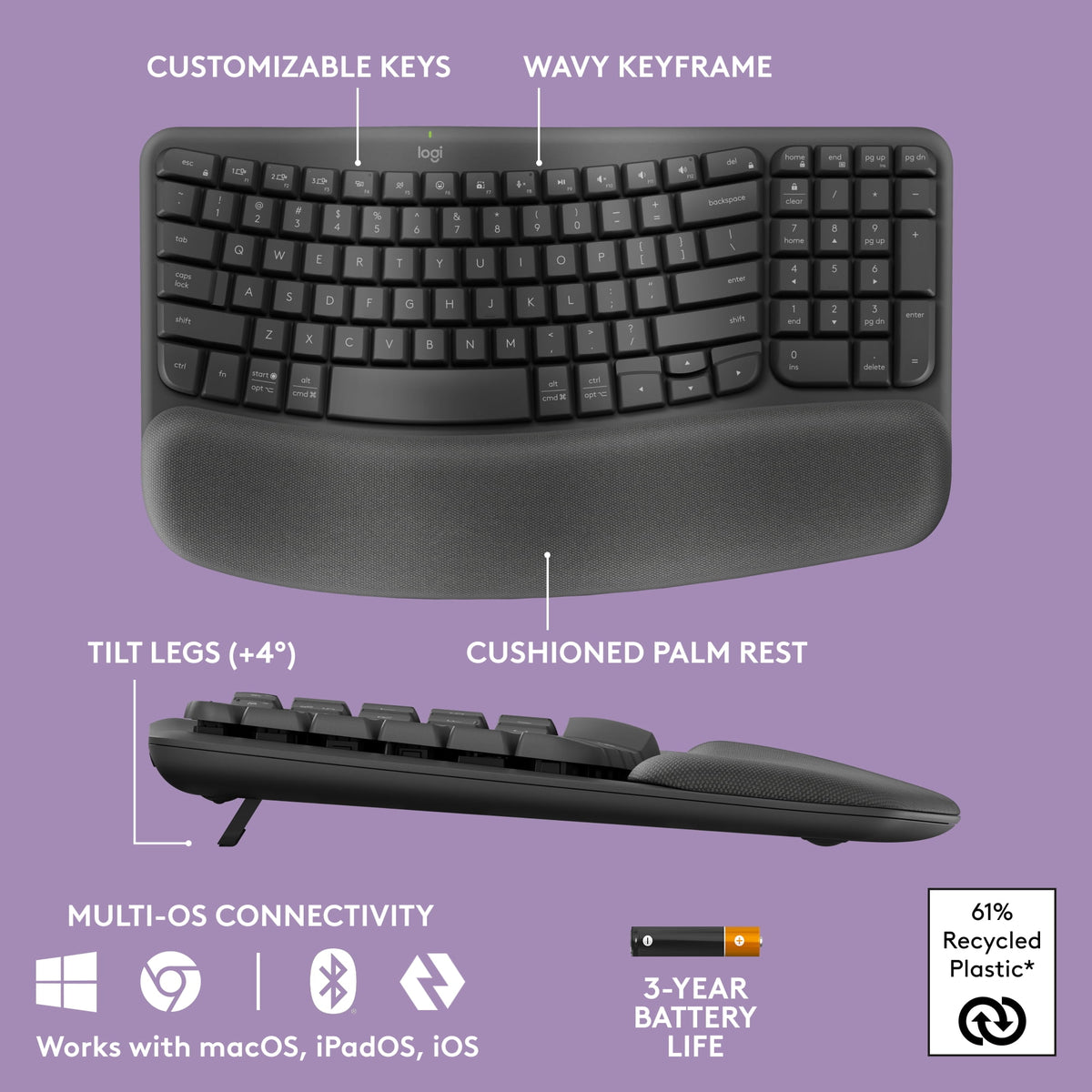Logitech Wave Keys Combo, Wireless Ergonomic Keyboard with Signature M550 L Wireless Mouse, Graphite