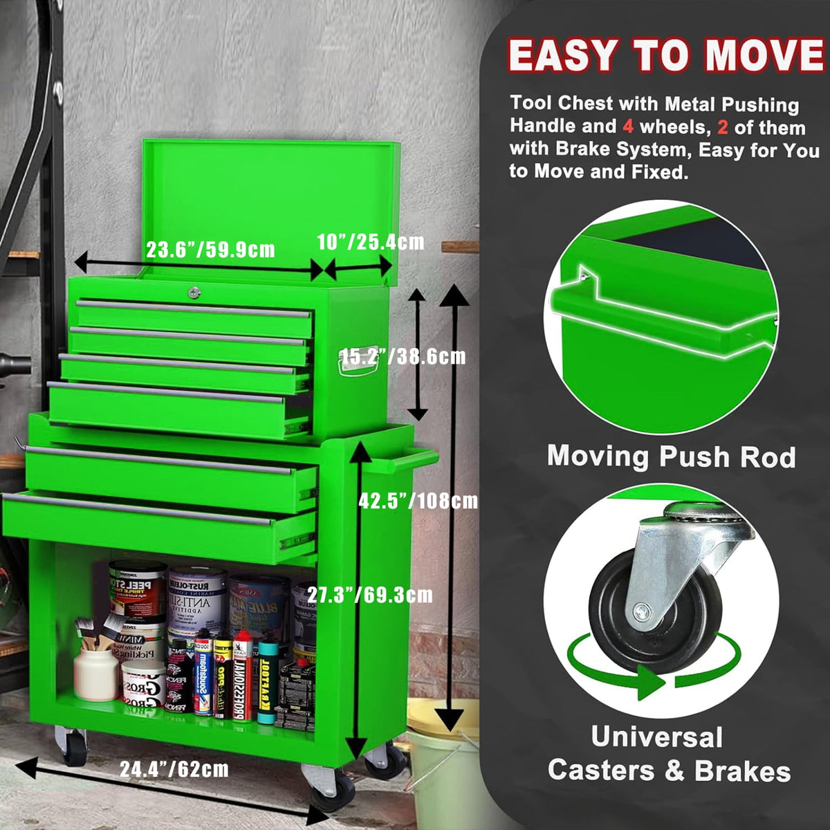 Artbros 8-Drawer Rolling Tool Chest, Large Tool Cabinet with Wheels, Detachable Toolbox Storage for Garage, Repair Shop, Workshop, Green