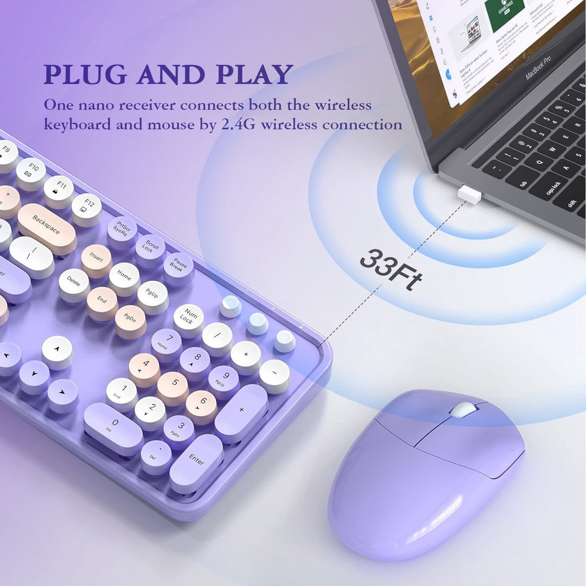 MOFII Wireless Keyboard and Mouse Combo 2.4GHz Retro Full-Size Keyboard with Number Pad and Cute Wireless Mouse for PC Desktop Laptop (Purple)