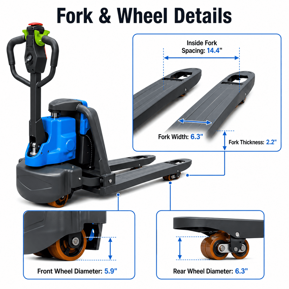 HPDMC Li-Ion Electric Pallet Truck, 3306 lbs Capacity Electric Pallet Jack with 48" Forks, Ergonomic Control Handle, PU Load Wheels, Easy-Access Charging Port for Warehouse Use