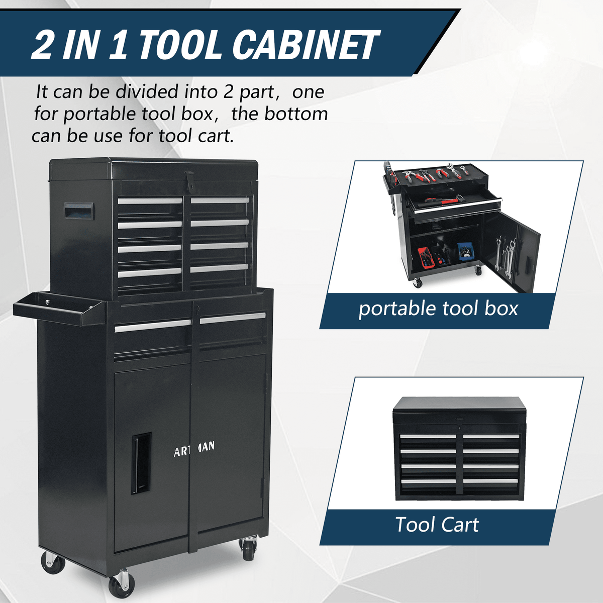 Tool Chest, 5-Drawer Rolling Tool Storage Cabinet with Detachable Top Tool Box, Universal Lockable Wheels
