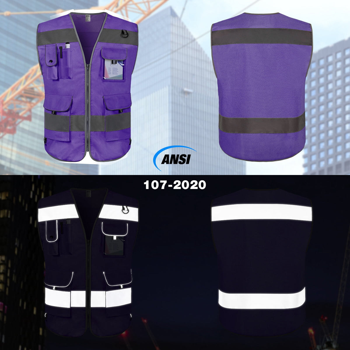 TCCFCCT Reflective Vest 9 Pockets High Visibility Safety Vest for Men Women, Hi Vis Construction Work Vest with Reinforced Sewing, Durable to Use, Meets ANSI/ISEA Standards, (Purple, XX-Large)