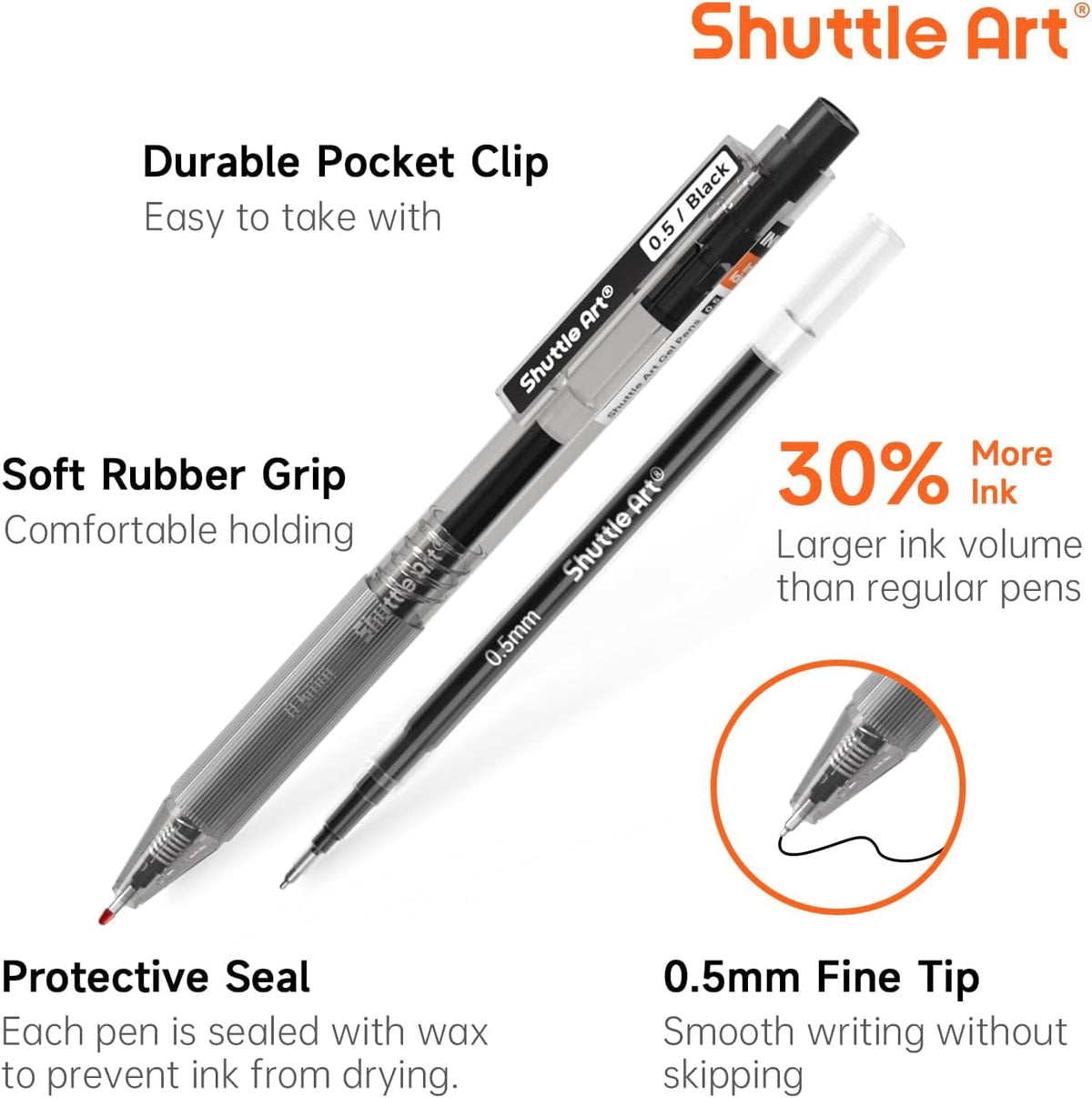 Shuttle Art Permanent Black Gel Pens, Ink Glide Series 60 Pack Retractable 0.5mm Fine Point Rollerball Gel Ink Pens Bulk Set Quick Drying Smooth Writing with Grip for Journaling Note Taking