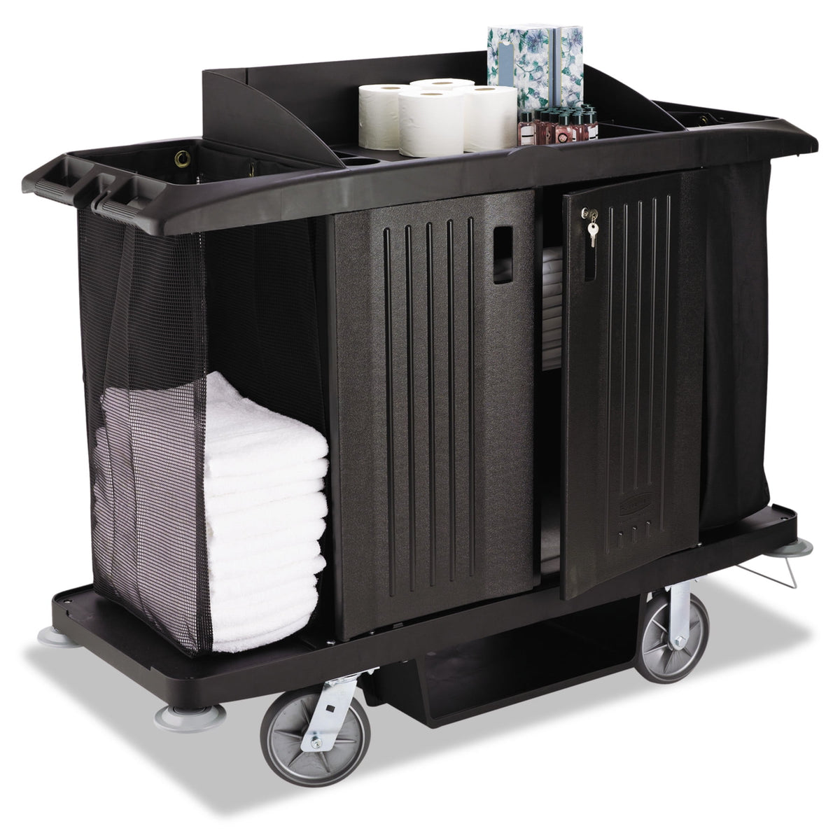 Rubbermaid Commercial Executive Full-Size Housekeeping Cart with Adjustable Shelves and Durable Wheels, Black