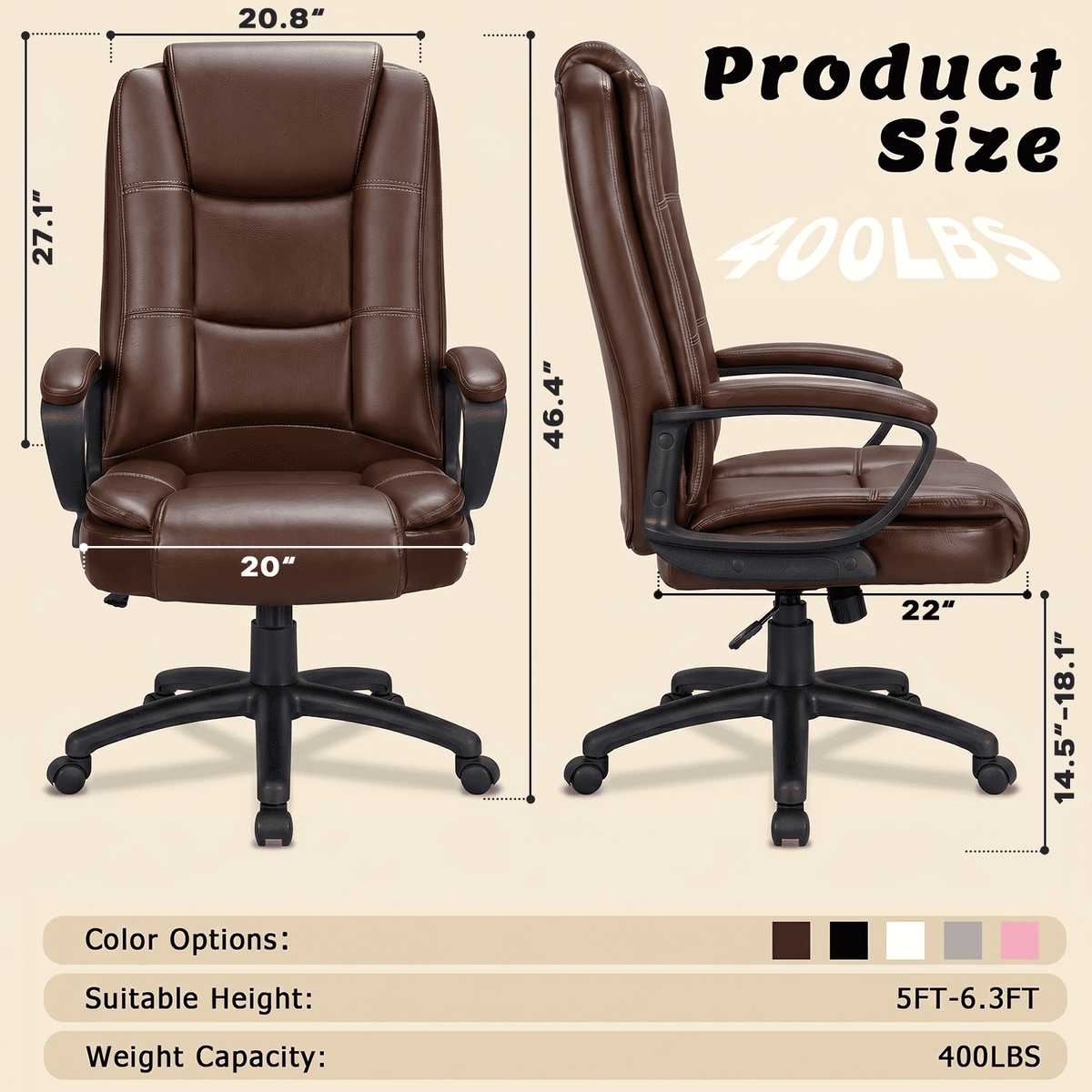 Waleaf Home Office Chair, 400LBS 8Hours Heavy Duty Design, Ergonomic High Back Cushion Lumbar Back Support, Computer Desk Chair, Big and Tall Chair for Work