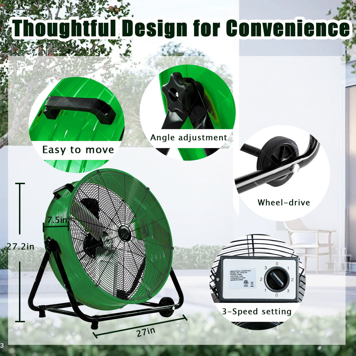 Industrial Fan 24" up to 8800 CFM, High Velocity Fan with 3 Speeds, Heavy Duty Blower Equipped Waterproof Cover, 360° Adjustment, Green
