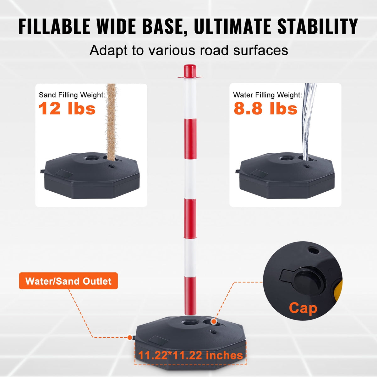 KFFKFF Movable Traffic Guide Post Cones, Set of 4, Safety Traffic Barrier with Loadable Base and 8FT Chain, Suitable for Traffic Regulation, Parking Area, Construction Warning, Roadway Caution