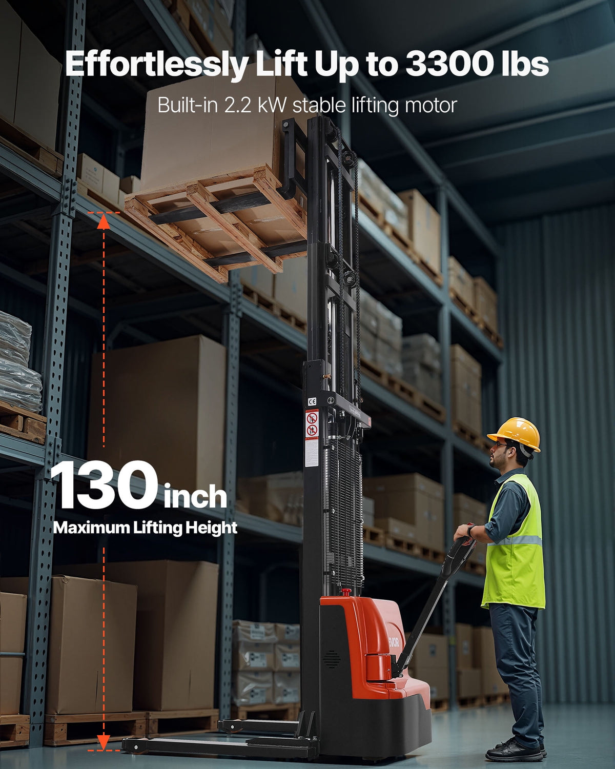 VEVOR Full Electric Pallet Stacker, 3300 lbs Capacity, Pallet Lift Stacker Forklift with Straddle Legs & Forks, 127.6 Inches Lifting Height & 8.66-31.1 Inches Adjustable Fork Width, Orange & Black
