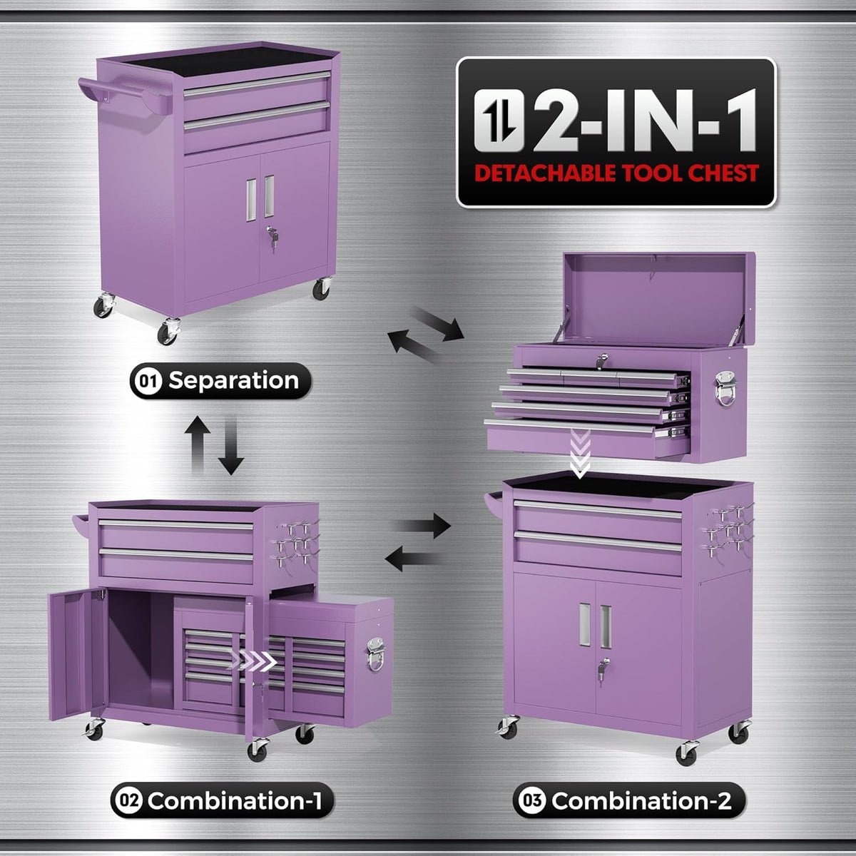 SOLAURA 8-Drawer Rolling Tool Chest with Detachable Top Box, Metal Tool Box with Wheels, Lockable Storage Cabinet for Warehouse, Garage, Workshop, Barbershop, Purple