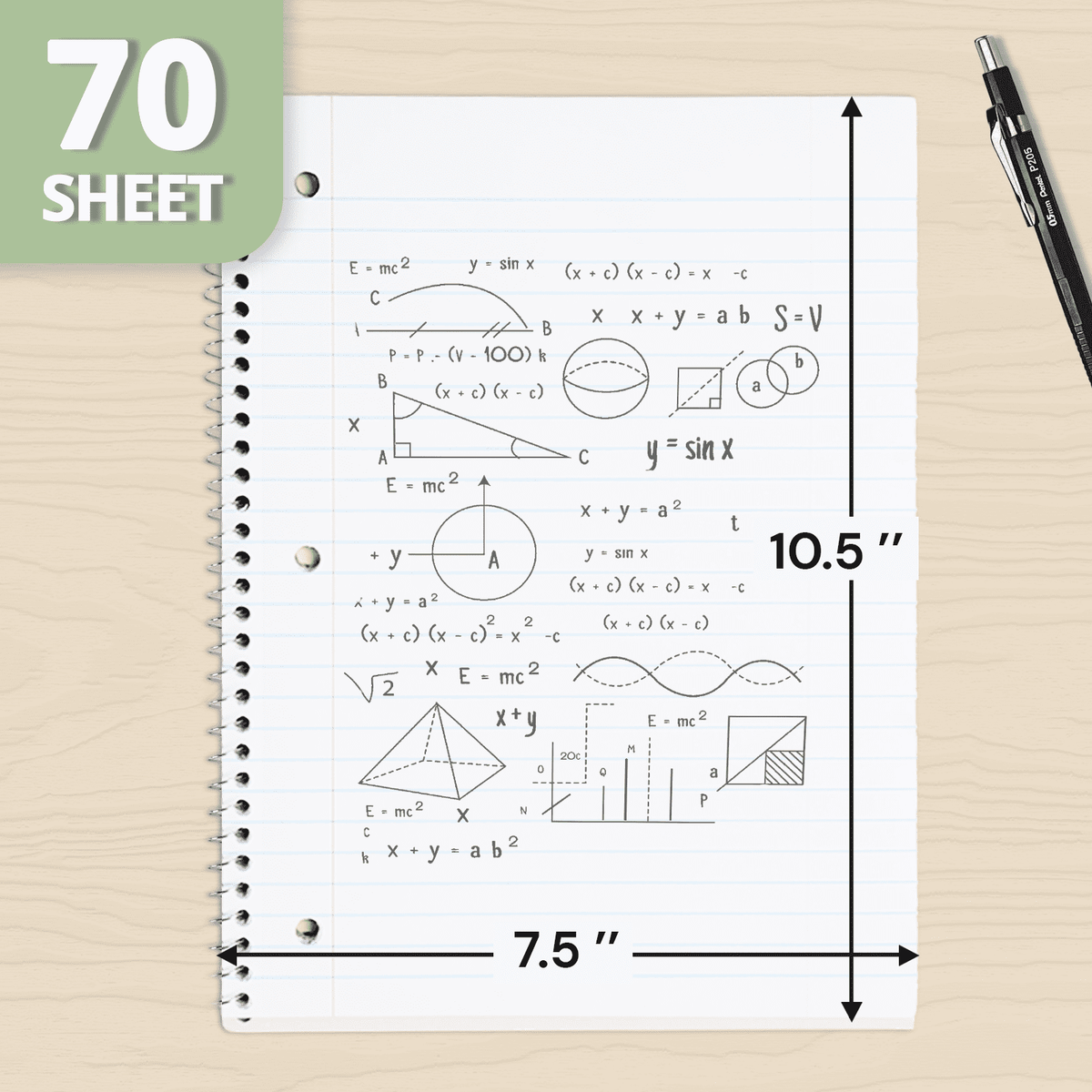ONAVIA Spiral Notebook, Wide Ruled, 1 Subject Notebook, 5 Pack, 8" x 10.5", Durable Cardboard Back with 3 Hole Punched Paper for&nbsp;Classroom and Office, 70 Sheets, Black