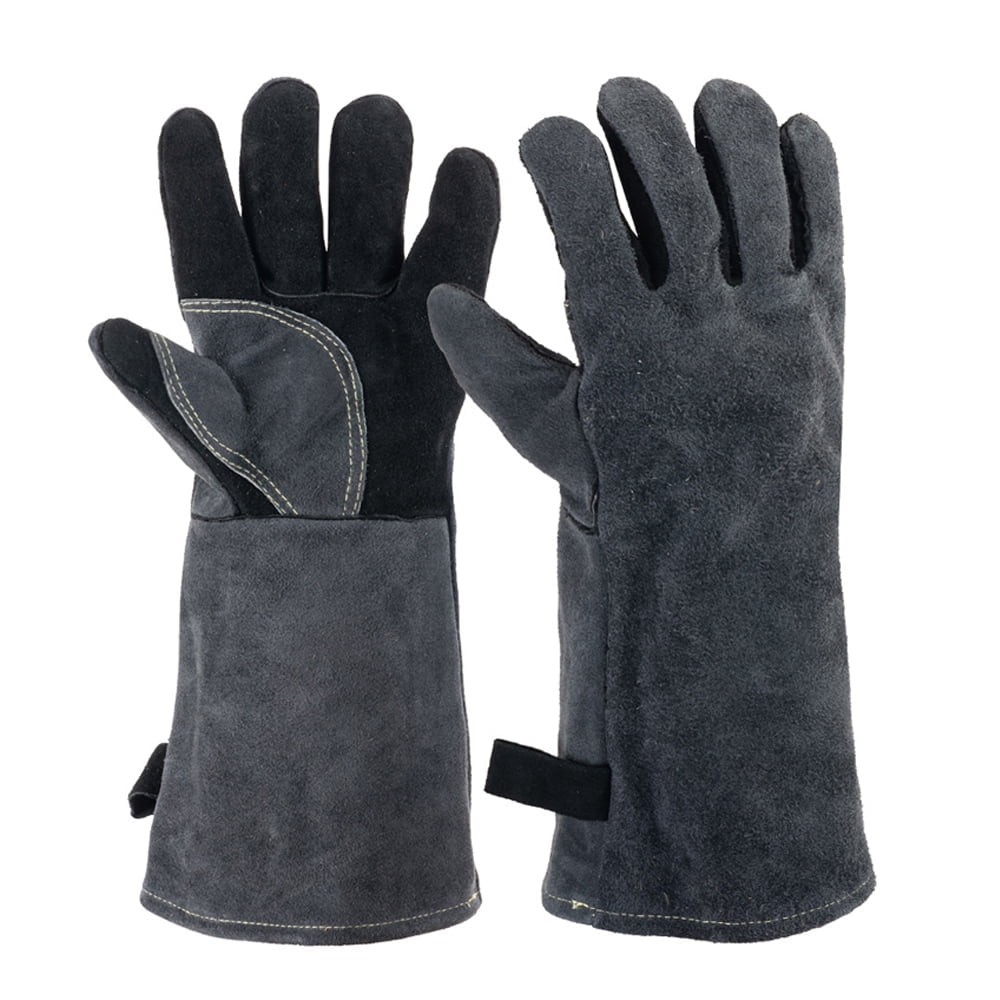16 inch Leather Welding Gloves, Large Black Fireproof and Heat Resistant Work Gloves