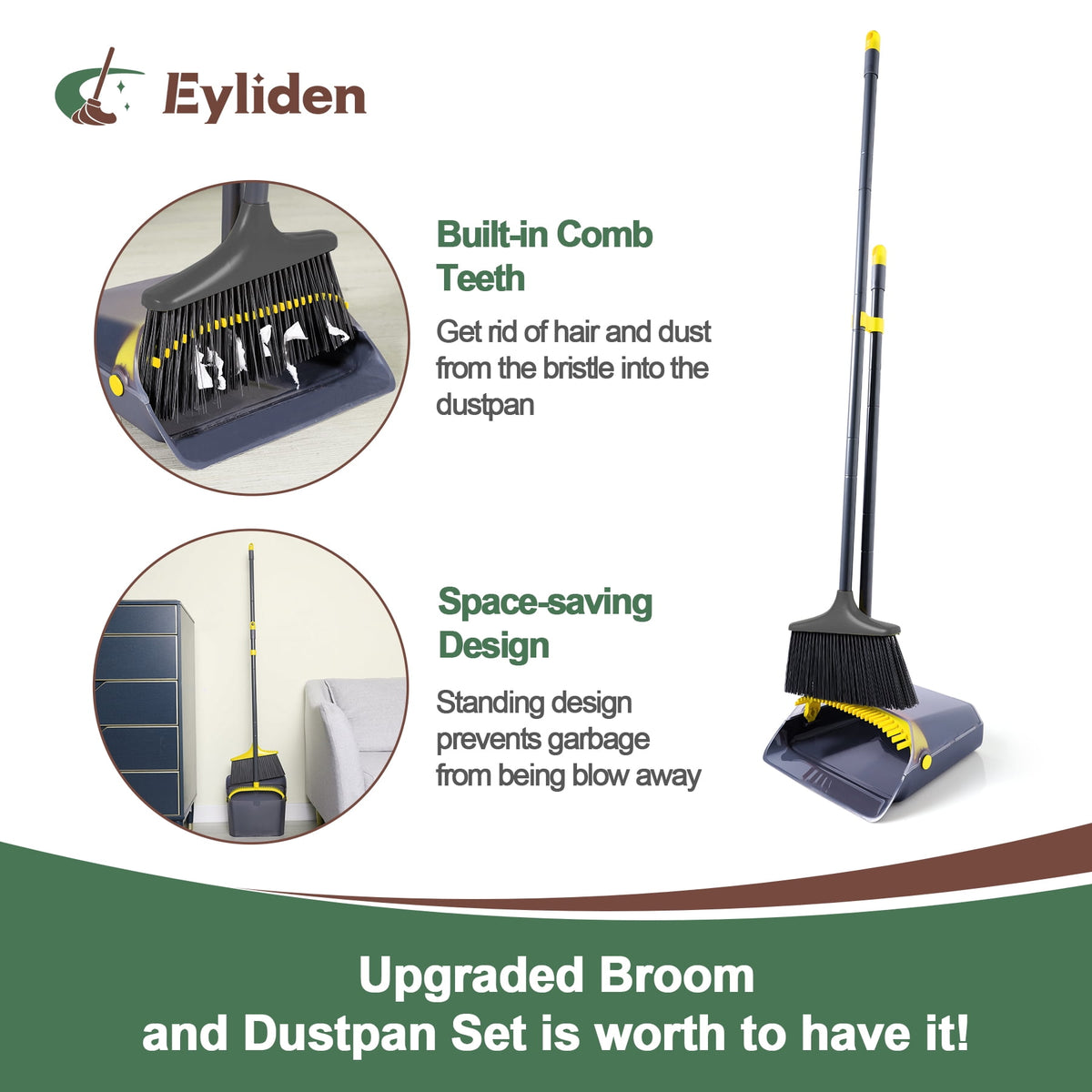 Eyliden Thicker Broom and Dustpan Set for Home with 54in Long Handle and Teeth Brush, Grey