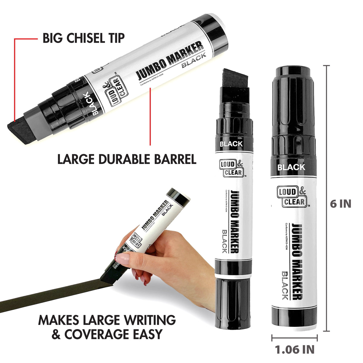 Loud & Clear -Jumbo Permanent Markers - Extra Wide Chisel Tip Marker 3pc Multi-pack, (Black, Red, Blue)