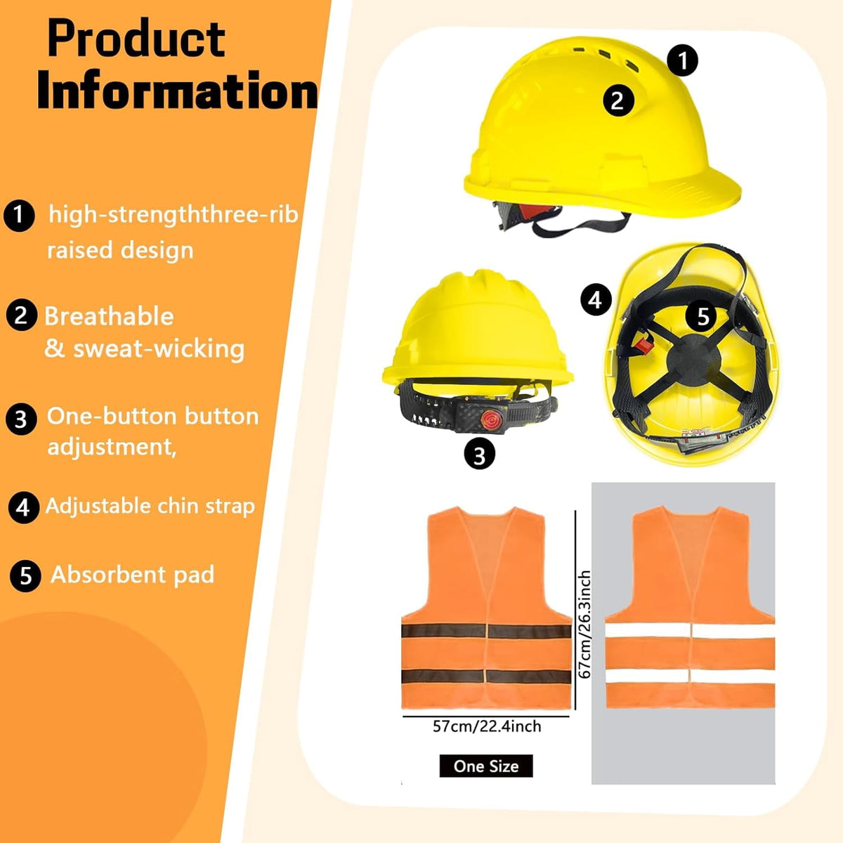 4 Pt. Suspension Hard Hat with Safety Vests Bulk Safety Helmets Adjustable Ratchet Hard Hats, Vents & Sweat Cotton Brow Pad - ABS Construction Helmets for Work Sites & Outdoor Labor