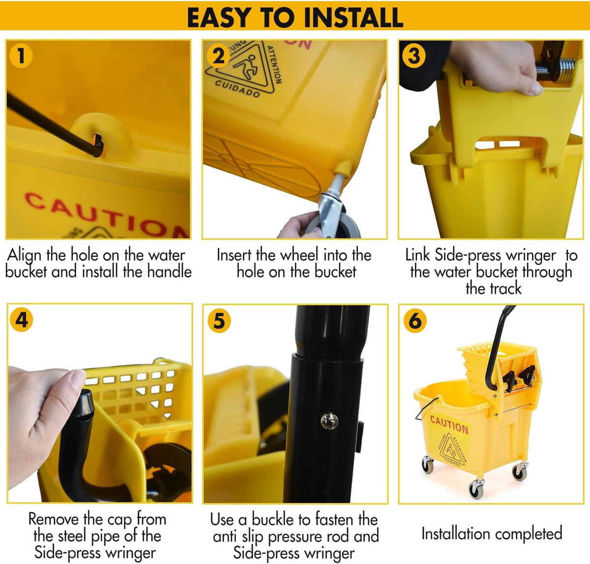KYascend Commercial Mop Bucket System, Side Press Wringer, 38Qt Yellow, Mobile with Wheels, Complete with 2 Mop Heads