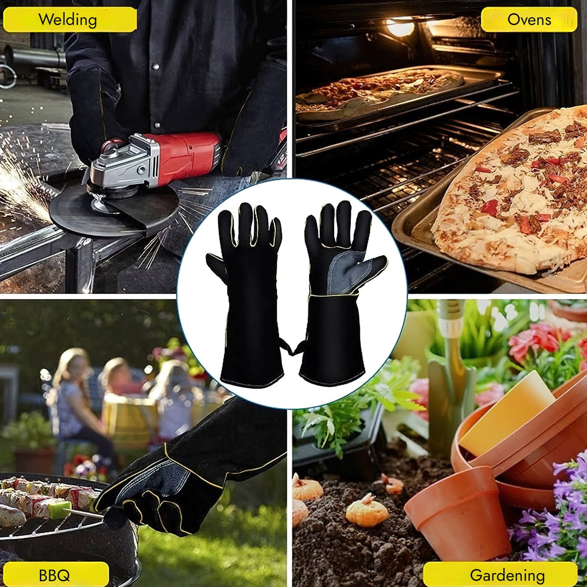 16 inch Leather Welding Gloves, Large Black Fireproof and Heat Resistant Work Gloves