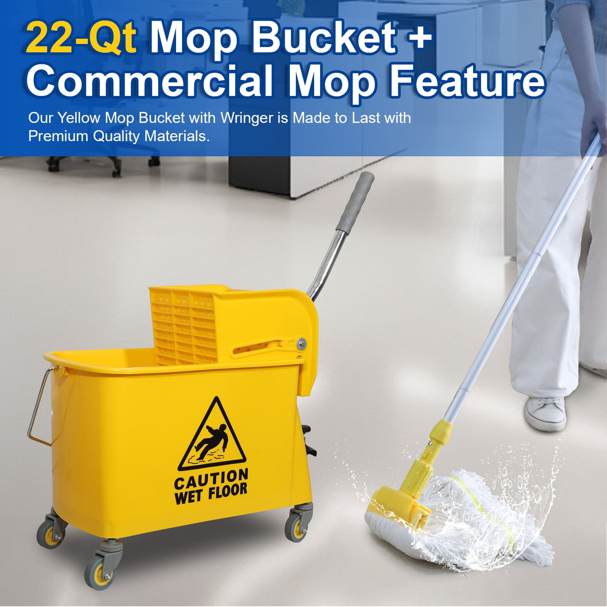 Midoneat Side Press Wringer Combo Commercial Floor Cleaning Rectangular Mop Bucket on Wheels, 22-Quart, Yellow,Add One Commercial Mop
